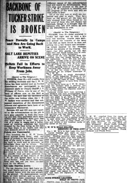 “Backbone of Tucker Strike is Broken.” Salt Lake Telegram. June 13, 1913. 